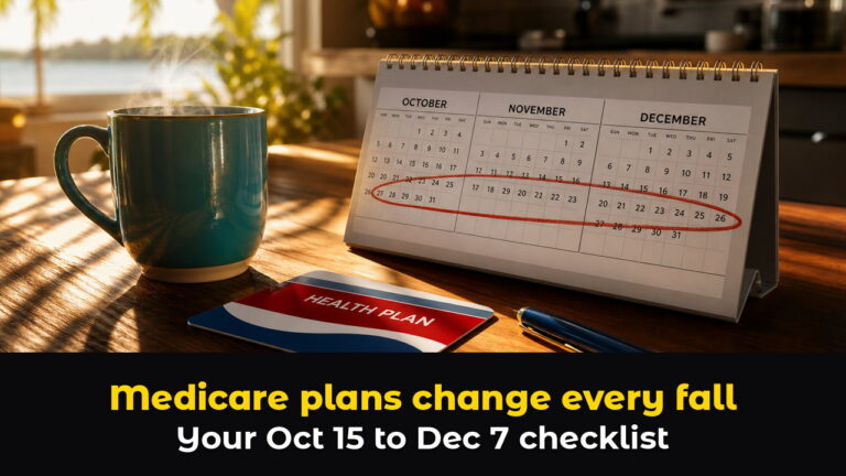 Desk calendar with October through December circled next to a coffee mug and health plan card, Medicare Annual Enrollment checklist for Florida