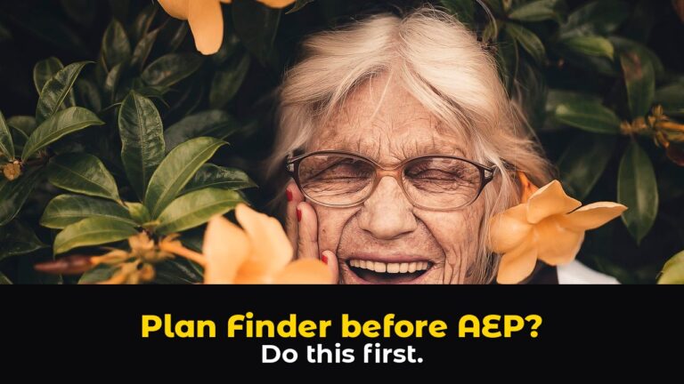 Joyful Medicare-age woman with glasses smiling among bright orange Florida garden flowers outdoors, above bold hook text: Plan Finder before AEP? Do this first.