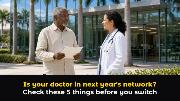 Older man holding a sheet of paper talks with his doctor outside a Florida medical office lined with palm trees, above hook text: Is your doctor in next year's network? Check these 5 things before you switch.