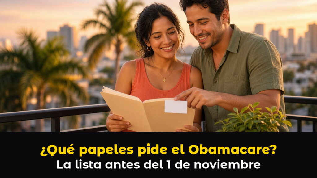 Pareja hispana sonriente en un balcón de Miami al atardecer revisando una carpeta de documentos, con palmeras y edificios de fondo, sobre el texto: ¿Qué papeles pide el Obamacare? La lista antes del 1 de noviembre.