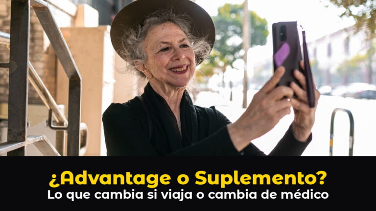 Señora de edad Medicare con sombrero de sol se toma una selfi en una calle soleada, sobre el texto: ¿Advantage o Suplemento? Lo que cambia si viaja o cambia de médico.