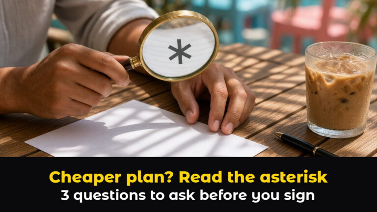 Hands hold a magnifying glass over a blank page showing a large asterisk on a sunny Florida cafe table, above hook text: Cheaper plan? Read the asterisk. 3 questions to ask before you sign.