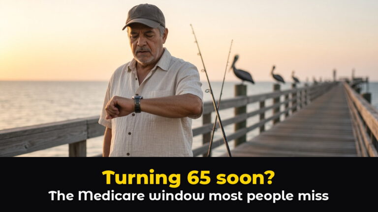 Older man on a Florida fishing pier at sunrise checks his wristwatch, above hook text: Turning 65 soon? The Medicare window most people miss.