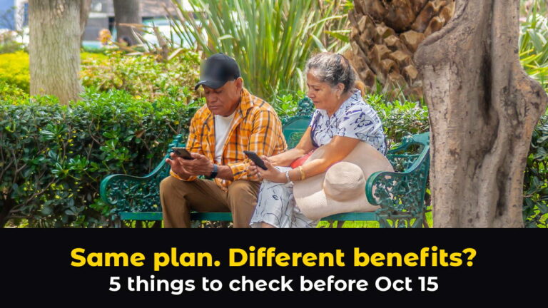 Older couple on a park bench under palm trees checking their phones, above hook text: Same plan. Different benefits? 5 things to check before Oct 15.