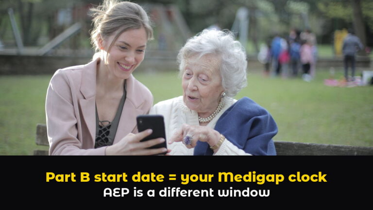 Adult daughter and her Medicare-age mother on a park bench looking at a phone together, above hook text: Part B start date = your Medigap clock. AEP is a different window.