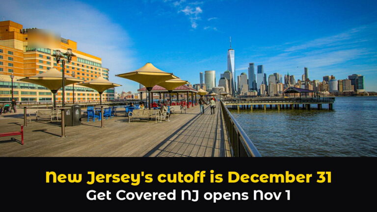 People strolling a sunny Hudson River waterfront walkway in New Jersey with umbrellas and benches, above hook text: New Jersey's cutoff is December 31. Get Covered NJ opens Nov 1.