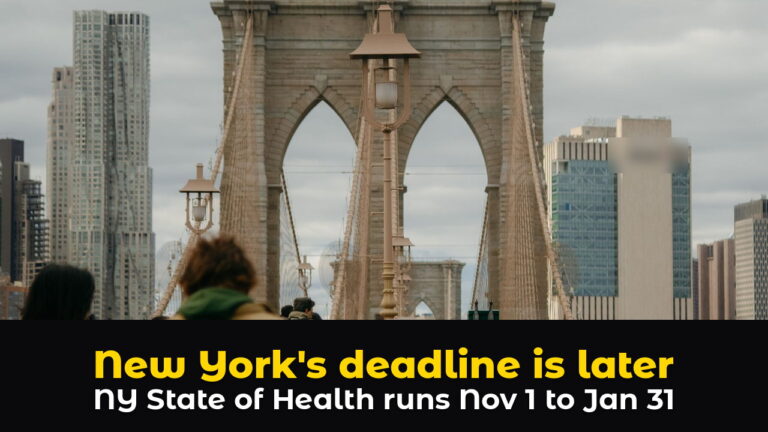 People walking across the Brooklyn Bridge walkway under a cloudy sky with the New York skyline behind, above hook text: New York's deadline is later. NY State of Health runs Nov 1 to Jan 31.
