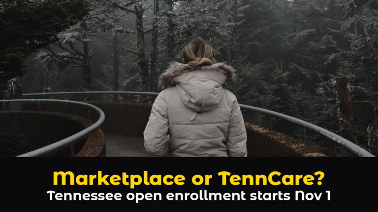 A hiker in a winter jacket walking a misty mountain footbridge in the Great Smoky Mountains, above hook text: Marketplace or TennCare? Tennessee open enrollment starts Nov 1.
