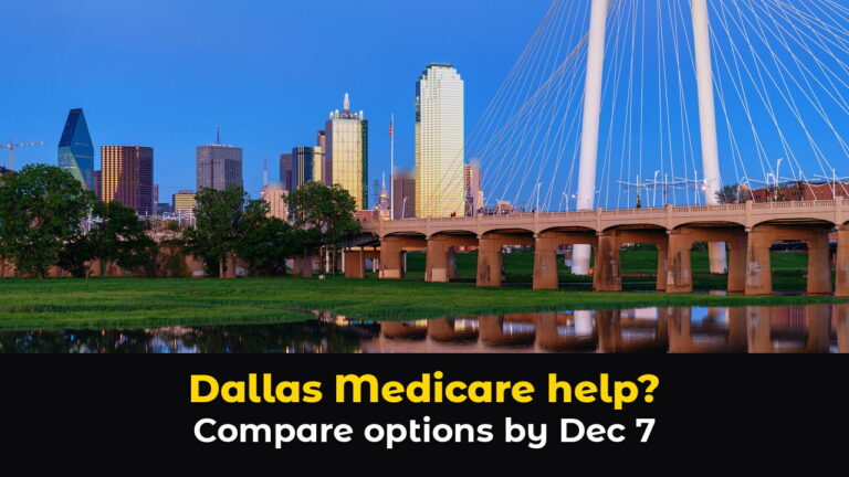 Downtown Dallas skyline at dusk beside the white arches of the Margaret Hunt Hill Bridge over the Trinity River, above hook text: Dallas Medicare help? Compare options by Dec 7.