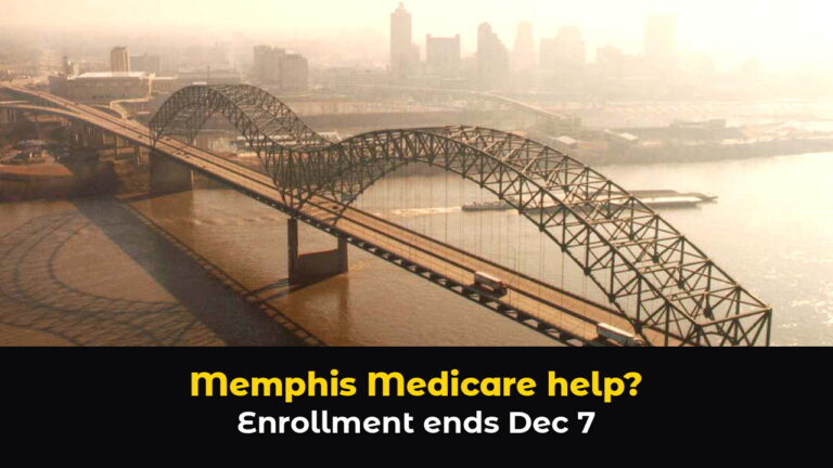 The Hernando de Soto Bridge arching over the Mississippi River with the Memphis skyline in golden haze behind it, above hook text: Memphis Medicare help? Enrollment ends Dec 7.