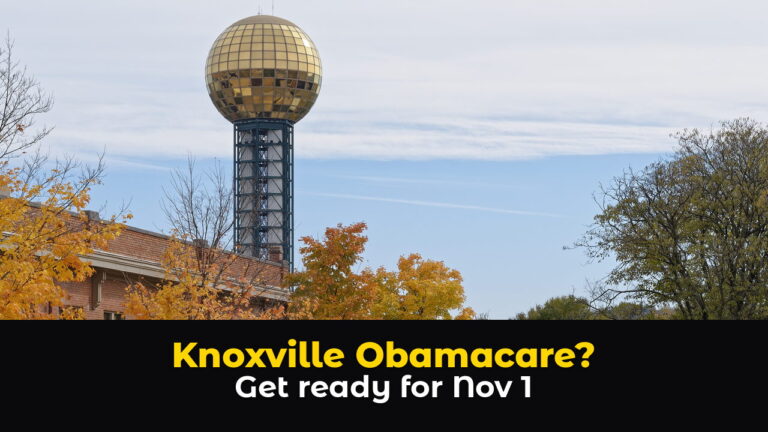 The Sunsphere tower rising above autumn trees in Knoxville, Tennessee, under a bright blue sky, above hook text: Knoxville Obamacare? Get ready for Nov 1.