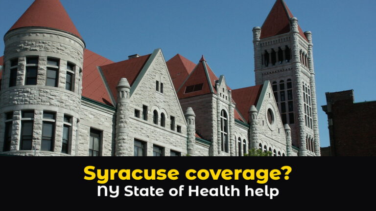 Syracuse City Hall, a gray stone building with red cone-shaped roofs, turrets, and a tall clock tower, under a clear blue sky, above hook text: Syracuse coverage? NY State of Health help.