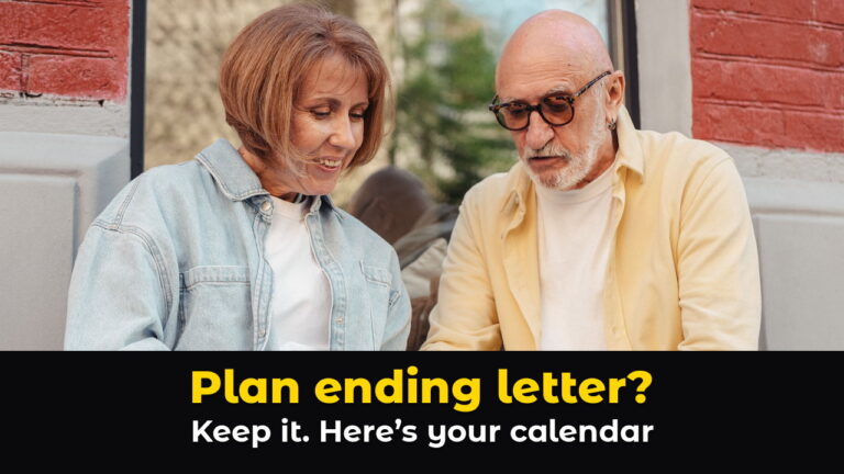 Older couple at an outdoor cafe table reading a letter together over coffee, above hook text: Plan ending letter? Keep it. Here's your calendar.