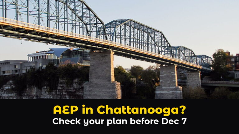 The blue steel trusses and stone piers of the Walnut Street Bridge over the Tennessee River in Chattanooga, lit by late afternoon sun, above hook text: AEP in Chattanooga? Check your plan before Dec 7.