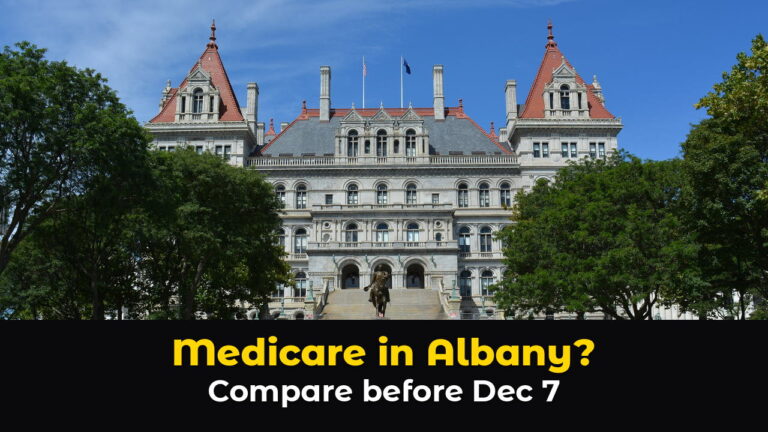 The New York State Capitol in Albany, a gray stone building with corner towers topped by red roofs, framed by green trees under a blue sky, with an equestrian statue at the foot of its steps, above hook text: Medicare in Albany? Compare before Dec 7.