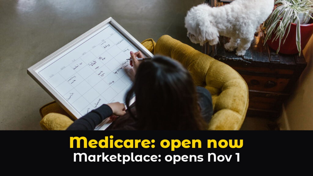 Overhead view of a woman in a mustard armchair writing on a whiteboard calendar with a small white dog nearby, above hook text: Medicare: open now. Marketplace: opens Nov 1.