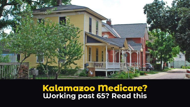A tree lined street in the Rose Place Historic District near downtown Kalamazoo, Michigan, with a yellow wood frame house and a red brick house with white porches beside a brick paved road, above hook text: Kalamazoo Medicare? Working past 65? Read this.