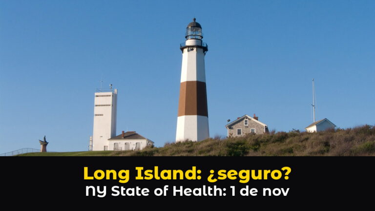 El faro de Montauk Point en el extremo este de Long Island, Nueva York, una torre blanca con una franja marrón sobre una loma de pasto junto a una orilla de rocas, con casas pequeñas alrededor bajo un cielo azul despejado, con el texto: Long Island: ¿seguro? NY State of Health: 1 de nov.