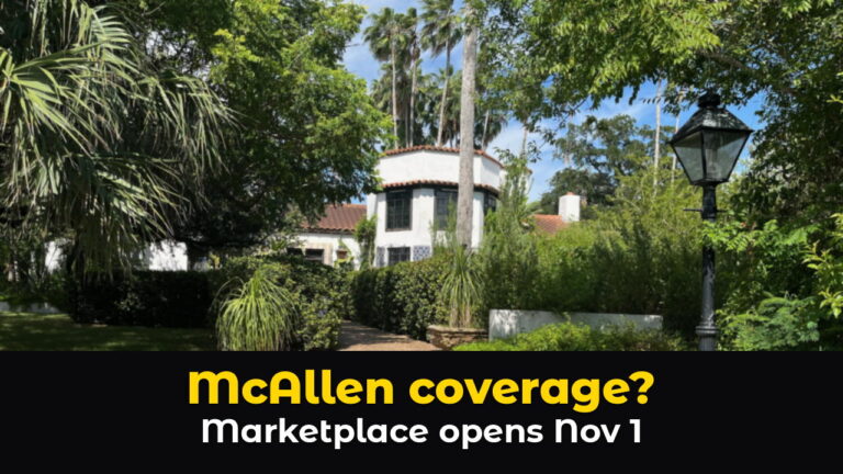 The white Spanish style adobe house at Quinta Mazatlan in McAllen, Texas, with a red tile roof and a round tower, seen past tall palm trees, tropical plants, and an old style lamp post along a garden path, above hook text: McAllen coverage? Marketplace opens Nov 1.