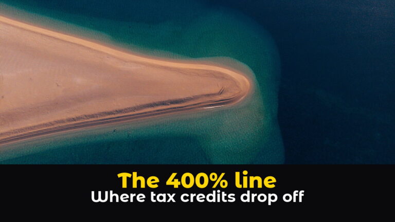 Aerial view of a golden sandbar ending in shallow turquoise water that drops off into deep blue sea, above hook text: The 400% line. Where tax credits drop off.