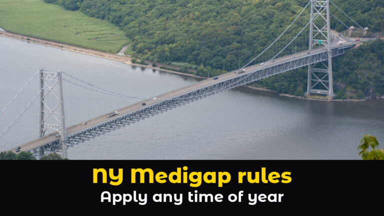 The Bear Mountain Bridge, a gray steel suspension bridge, crossing the Hudson River in New York between steep green forested hills, with cars on the roadway and a grassy marsh along the far shore, above hook text: NY Medigap rules. Apply any time of year.