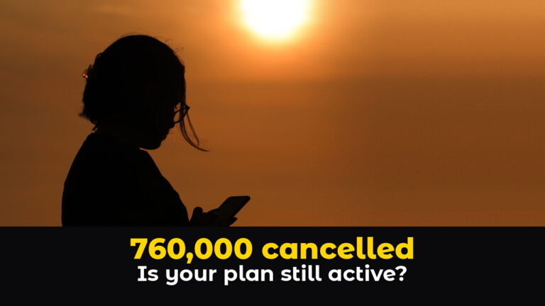 Silhouette of a woman checking her phone against an orange sunset sky, above hook text: 760,000 cancelled. Is your plan still active?
