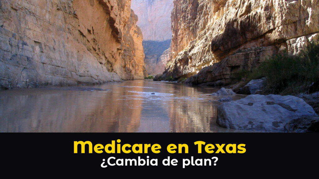 El río Bravo corre tranquilo entre las altas paredes de roca del cañón de Santa Elena, en el Parque Nacional Big Bend, Texas, con la pared de Estados Unidos a la izquierda y la de México a la derecha reflejadas en el agua, con el texto: Medicare en Texas. ¿Cambia de plan?