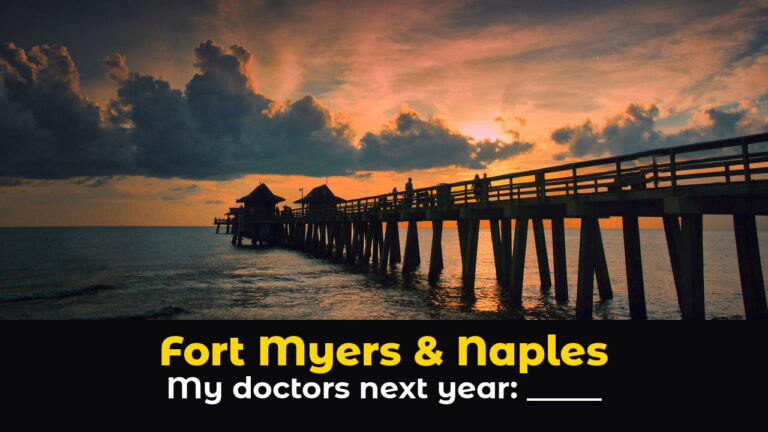 Wooden fishing pier on the Gulf of Mexico at sunset under orange clouds, with the words Fort Myers and Naples, My doctors next year, and a blank line to fill in