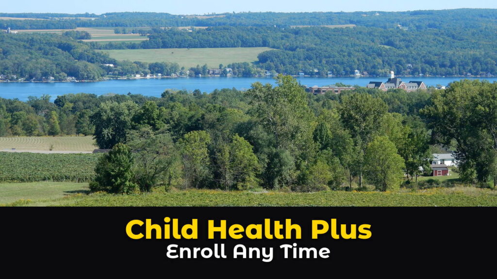 Rows of green grapevines on a hillside above Keuka Lake in the Finger Lakes region of New York, with the blue lake, farm fields, and wooded hills under a clear sky, above hook text: Child Health Plus. Enroll Any Time.