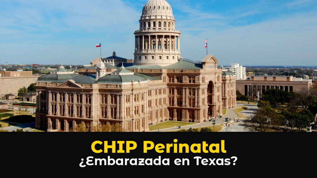 El Capitolio del Estado de Texas en Austin, un edificio de piedra rosada con una gran cúpula clara, visto desde arriba con árboles y calles alrededor bajo un cielo azul con nubes, con el texto: CHIP Perinatal. ¿Embarazada en Texas?