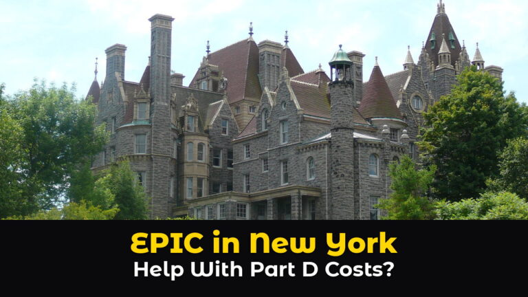 Boldt Castle on Heart Island in the Thousand Islands, New York, a large gray stone castle with steep red roofs and towers rising above thick green trees under a soft blue sky, above hook text: EPIC in New York. Help With Part D Costs?