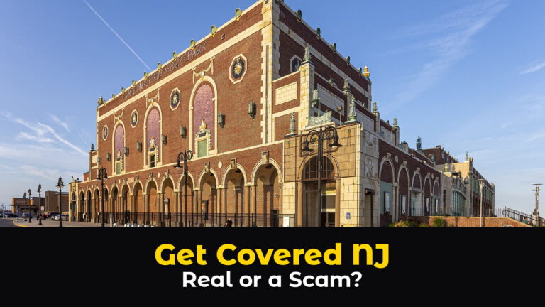 The Paramount Theatre and Convention Hall in Asbury Park, New Jersey, a long red brick building with tall arched windows and ornate trim beside a wide seaside street under a bright blue sky, above hook text: Get Covered NJ. Real or a Scam?
