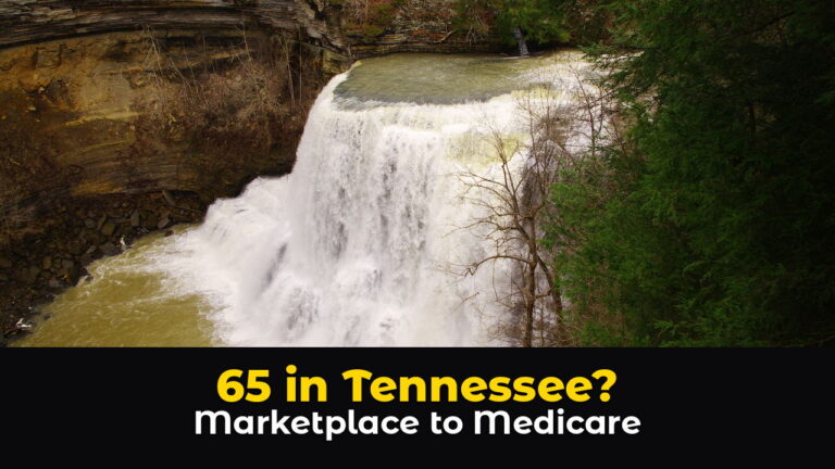 Burgess Falls in Tennessee, a wide waterfall pouring white water over a rocky ledge into a green pool, framed by tall layered rock cliffs and trees, above hook text: 65 in Tennessee? Marketplace to Medicare.