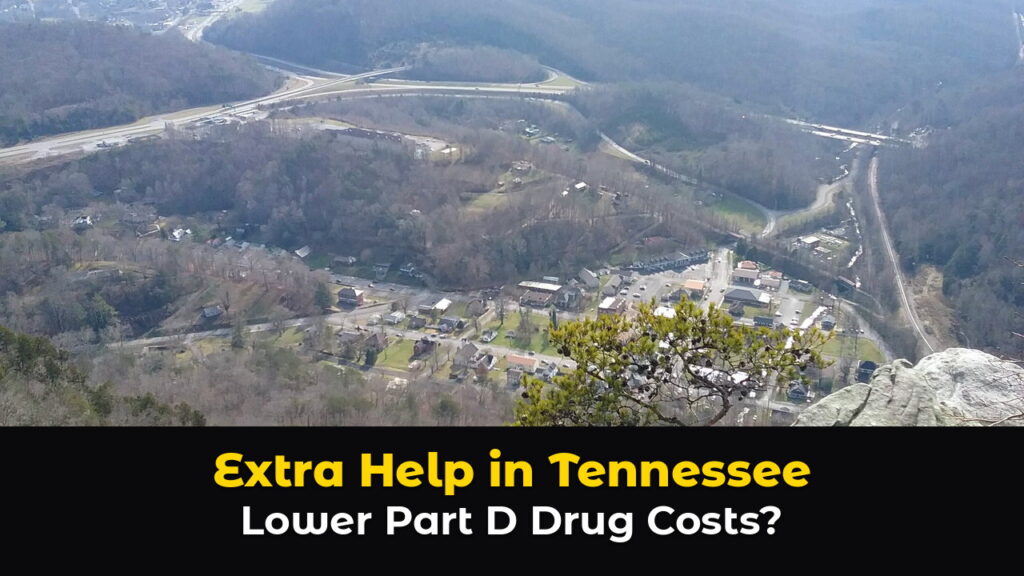 View from Pinnacle Overlook of the town of Cumberland Gap, Tennessee, a small town in a green valley with winding roads, with highways and a railroad winding through forested hills, and a rocky ledge with a small tree in the foreground, above hook text: Extra Help in Tennessee. Lower Part D Drug Costs?