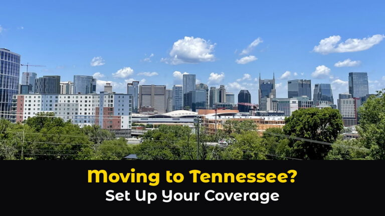 The downtown Nashville, Tennessee skyline seen from Fort Negley on a sunny day, with tall towers, white clouds, a blue sky and green trees in front, with the text: Moving to Tennessee? Set Up Your Coverage.