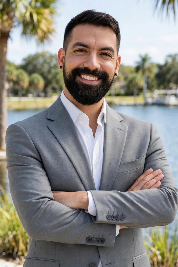 Lobsang Rivas, licensed health insurance agent, by a lake in Central Florida