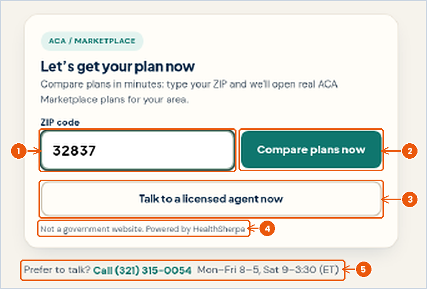 Instant Health Help homepage quote card with ZIP 32837 typed in and numbered callouts