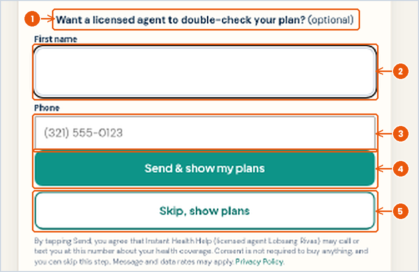 Optional form asking for first name and phone with Send and show my plans and Skip show plans buttons